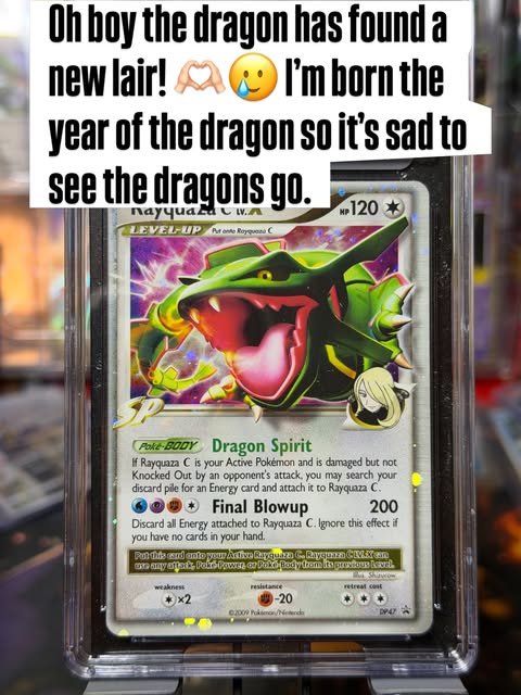 Rayquaza C LV.X card in a protective slab with an announcement that the Rayquaza cards have sold